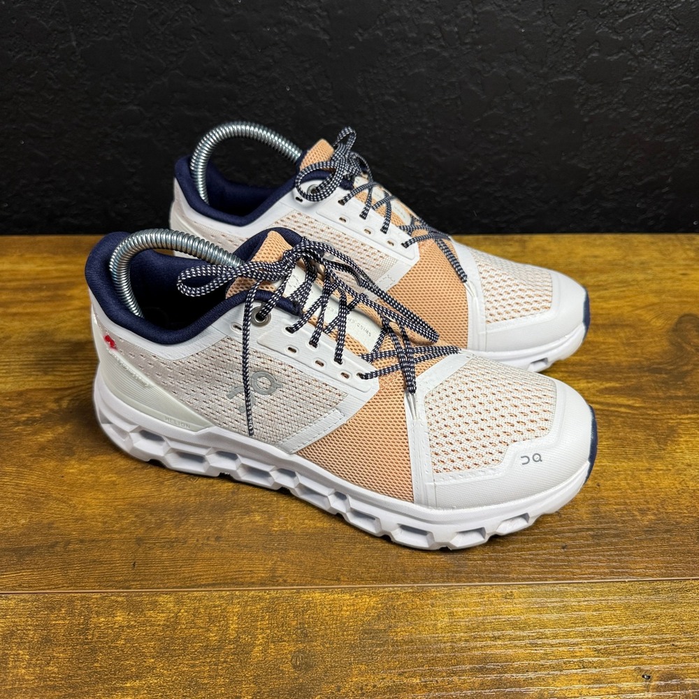 On Cloudstratus White Peach Navy Mesh Running Shoes Women 8